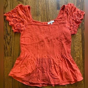 Madewell peplum button top shirt blouse red orange size small eyelet sleeve